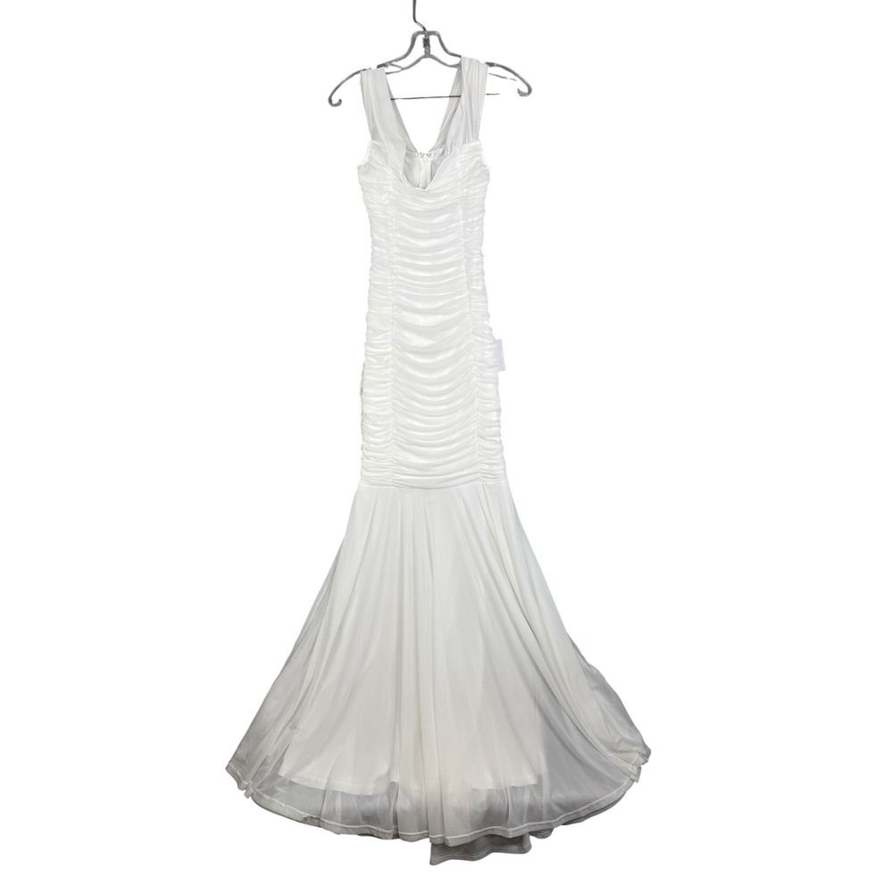 Lulus White Ruched‎ Mesh Mermaid Maxi Dress Bridal Formal Sleeveless Small NWT